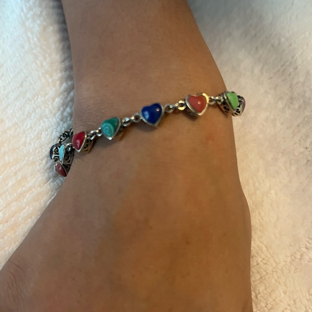 Rare Vintage NF Thailand Turquoise Heart Solid Sterling Multi Stone Bracelet